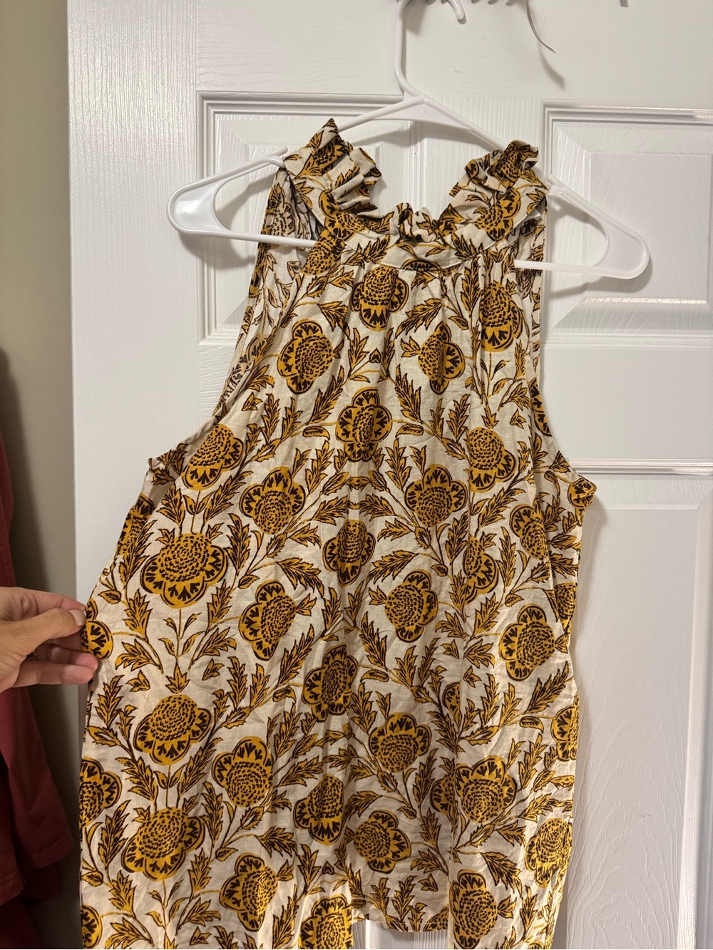 Sleeveless Floral Print Ruffled Neck Tank - Mustard on Cream